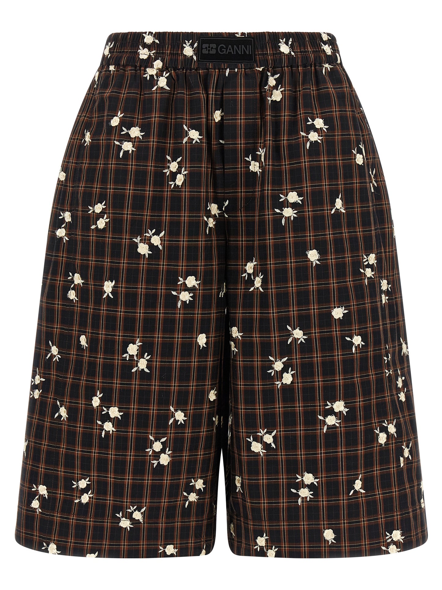 Bermuda Shorts by Ganni for women in organic cotton black, brown, white, patterned & floral features an tailored silhouette, showcasing a tailored wide with a short and for a sophisticated look.