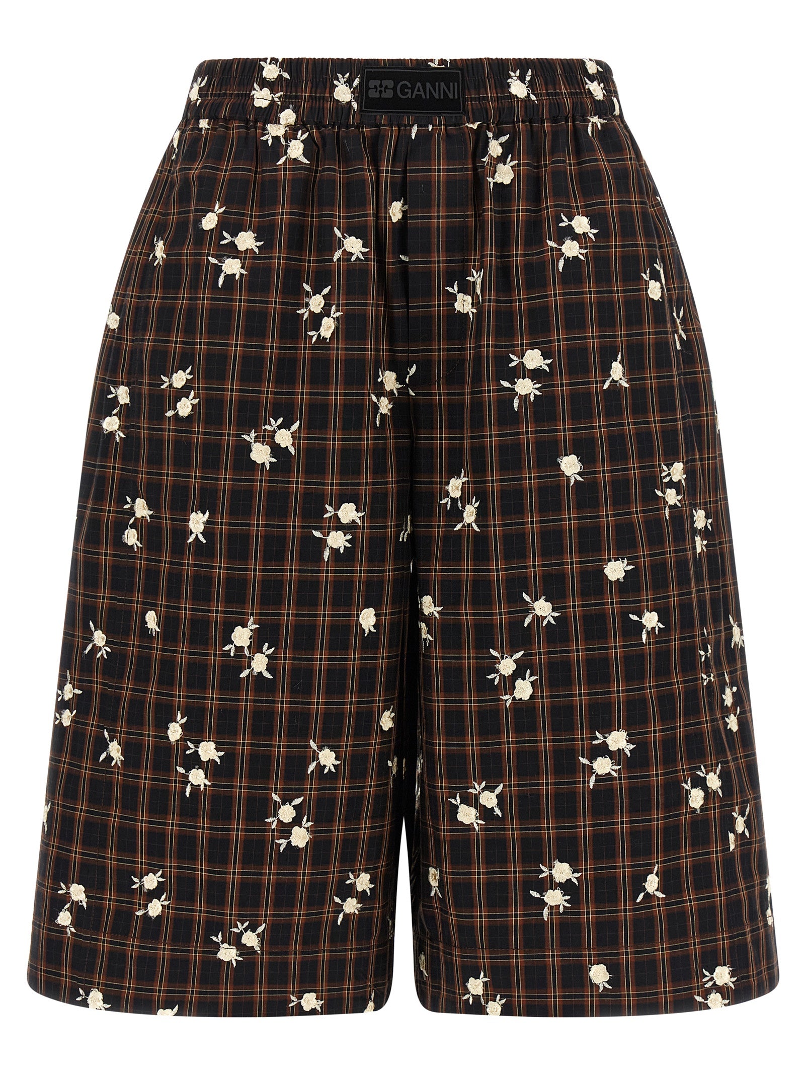 Bermuda Shorts by Ganni for women in organic cotton black, brown, white, patterned & floral features an tailored silhouette, showcasing a tailored wide with a short and for a sophisticated look.