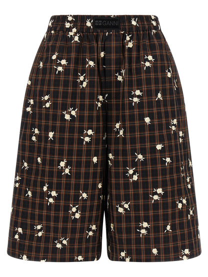 Bermuda Shorts by Ganni for women in organic cotton black, brown, white, patterned & floral features an tailored silhouette, showcasing a tailored wide with a short and for a sophisticated look.