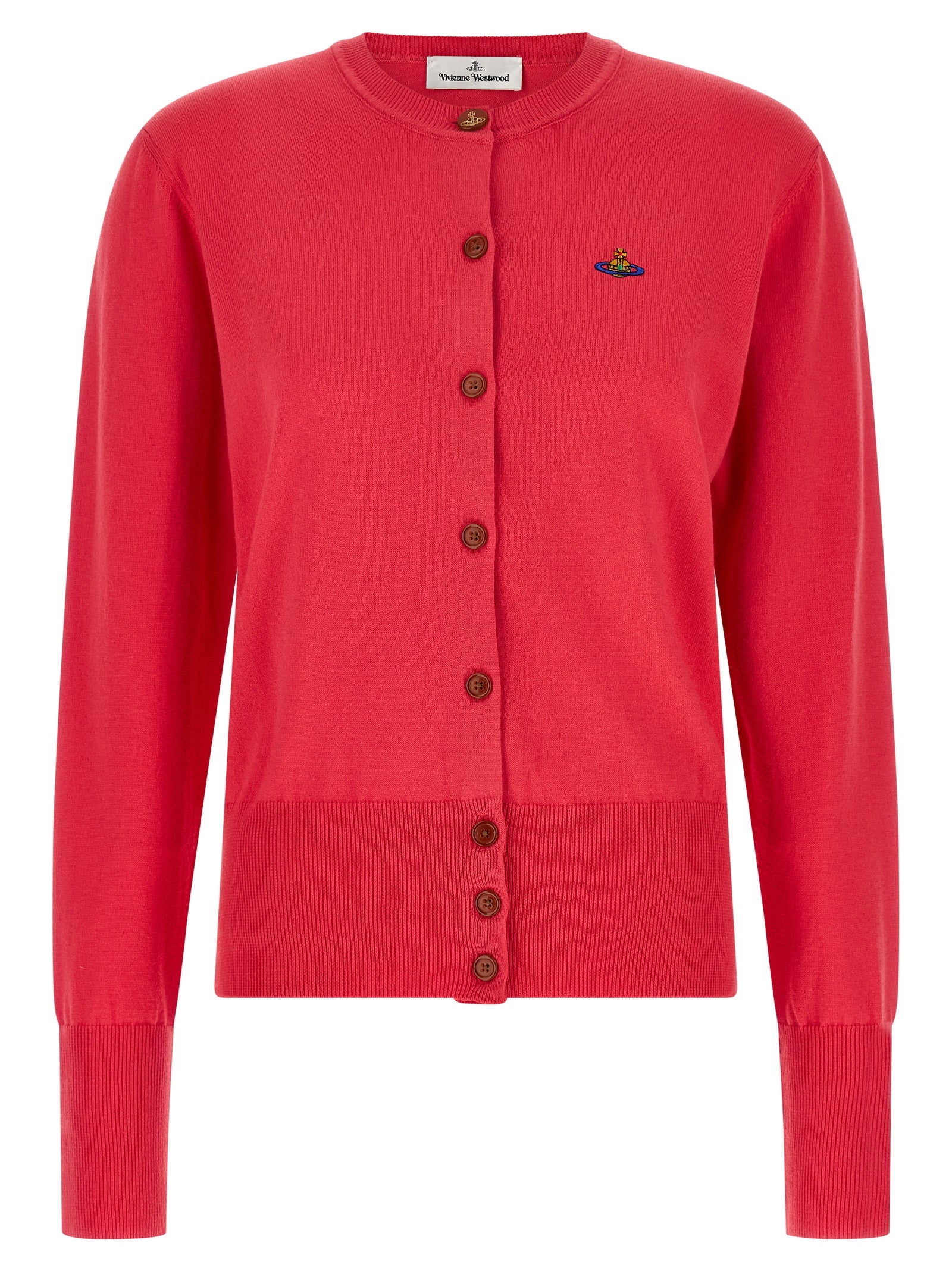 Cardigan by Vivienne Westwood for women in cashmere cotton blend amber, multicolor, red & signature showcases a luxurious silhouette, meticulously detailed with a sophisticated round neckline and long-sleeve for a refined finish.