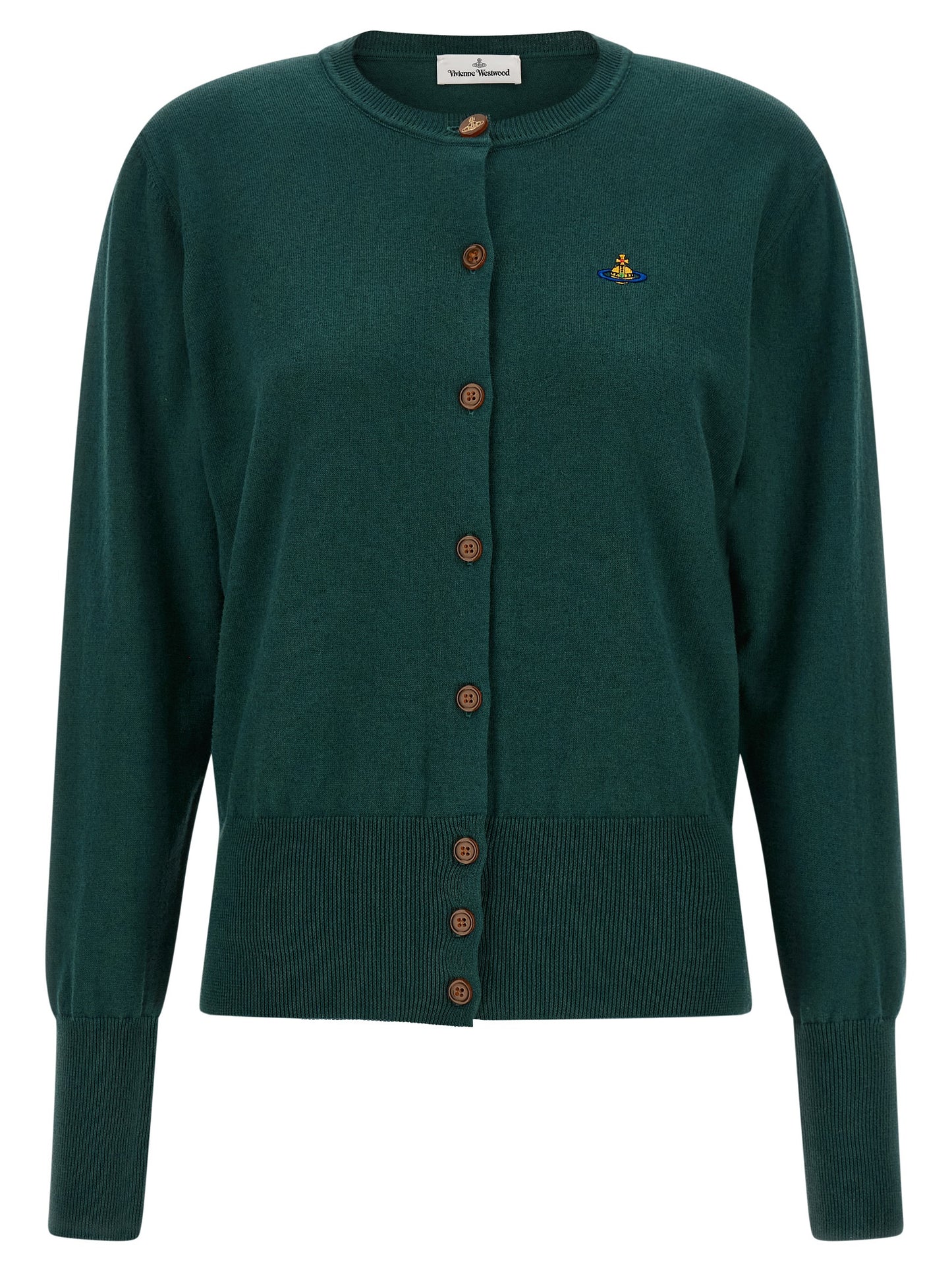 Cardigan by Vivienne Westwood for women in cotton canvas & cashmere bicolour, green & horn presents a textural silhouette, artfully finished with a textural crew neckline and for a sophisticated, textural look.