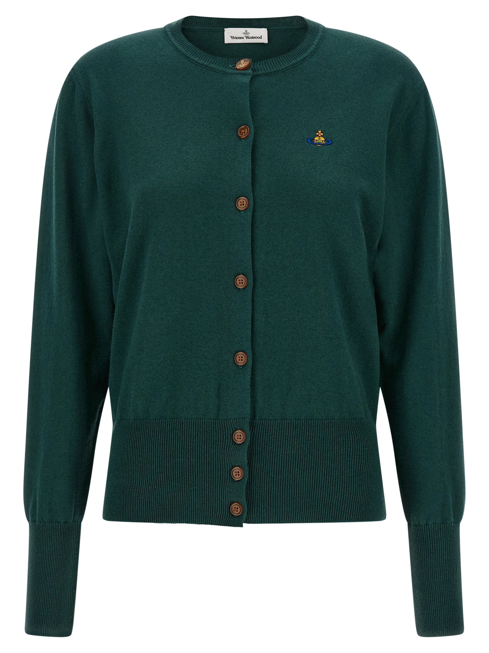 Cardigan by Vivienne Westwood for women in cotton canvas & cashmere bicolour, green & horn presents a textural silhouette, artfully finished with a textural crew neckline and for a sophisticated, textural look.
