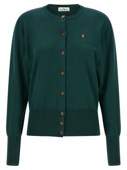 Cardigan by Vivienne Westwood for women in cotton canvas & cashmere bicolour, green & horn presents a textural silhouette, artfully finished with a textural crew neckline and for a sophisticated, textural look.