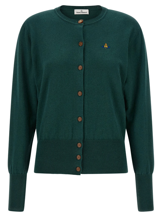 Cardigan by Vivienne Westwood for women in cotton canvas & cashmere bicolour, green & horn presents a textural silhouette, artfully finished with a textural crew neckline and for a sophisticated, textural look.
