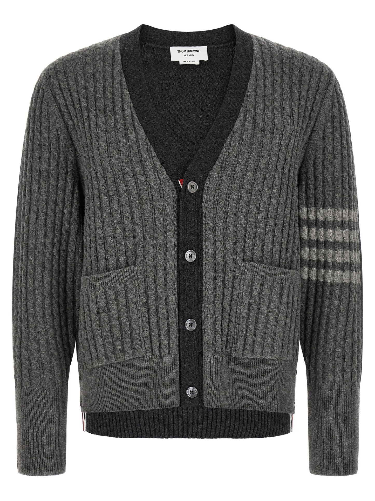 Cardigan by Thom Browne for men in virgin wool gray & signature features a nuanced silhouette with a refined v-neck neckline and nuanced detailing for a sophisticated look.