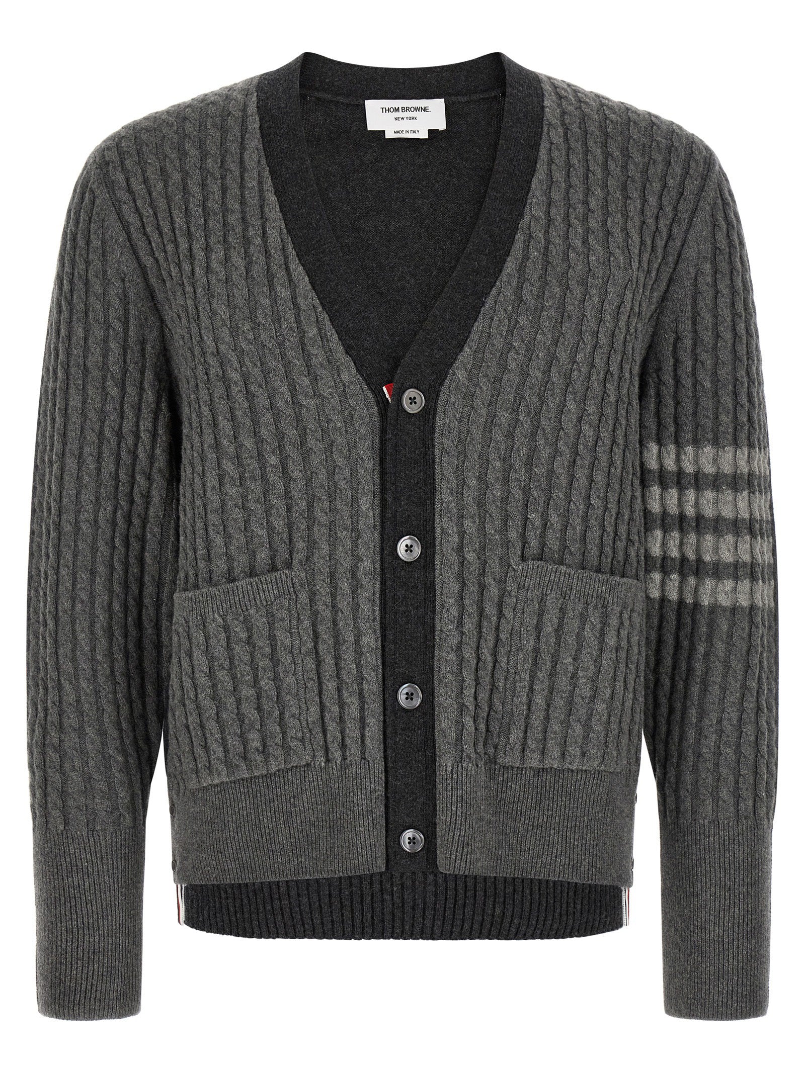 Cardigan by Thom Browne for men in virgin wool gray & signature features a nuanced silhouette with a refined v-neck neckline and nuanced detailing for a sophisticated look.