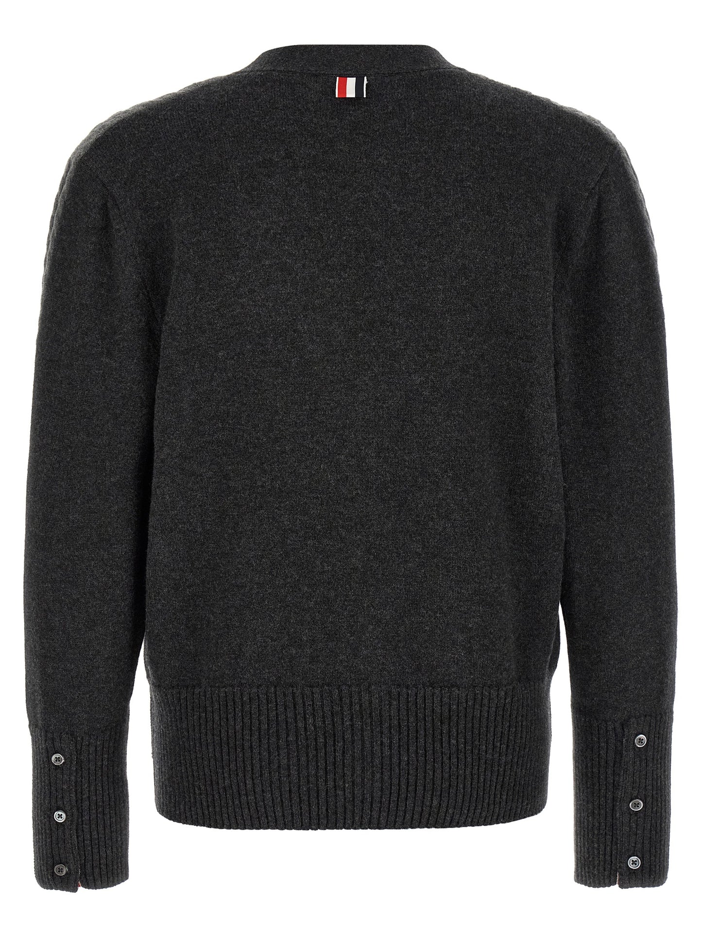 Cardigan by Thom Browne for men in virgin wool gray & signature features an impeccable silhouette, showcasing a sophisticated v-neck neckline and detail for a truly impeccable finish.
