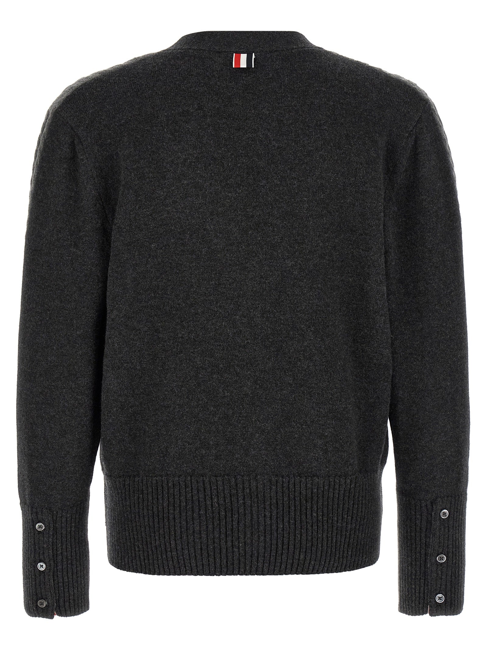 Cardigan by Thom Browne for men in virgin wool gray & signature features an impeccable silhouette, showcasing a sophisticated v-neck neckline and detail for a truly impeccable finish.