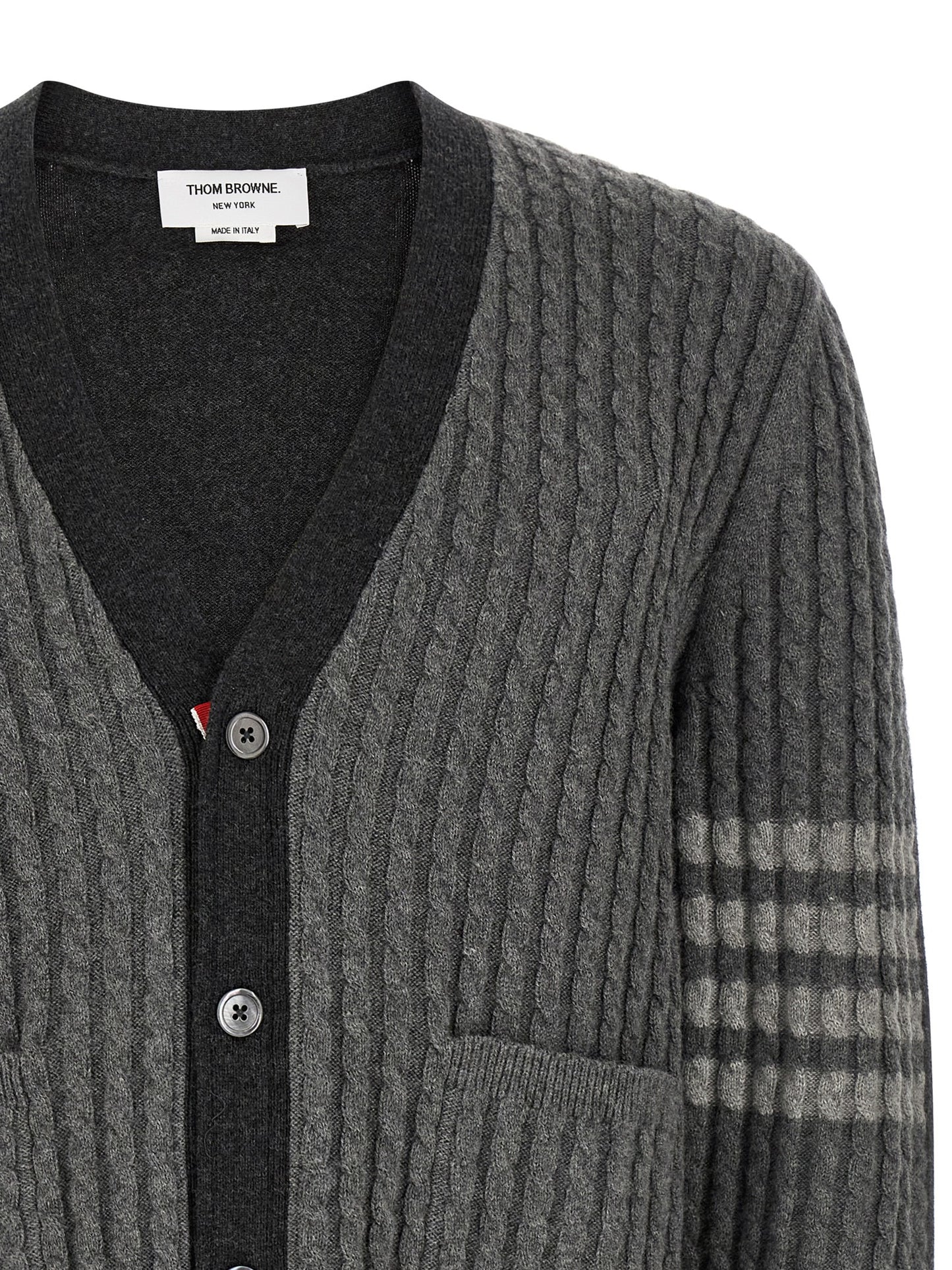 Cardigan by Thom Browne for men in virgin wool gray & signature features a dramatic silhouette, showcasing a sophisticated v-neck neckline and dramatic detail for a timeless, premium look.