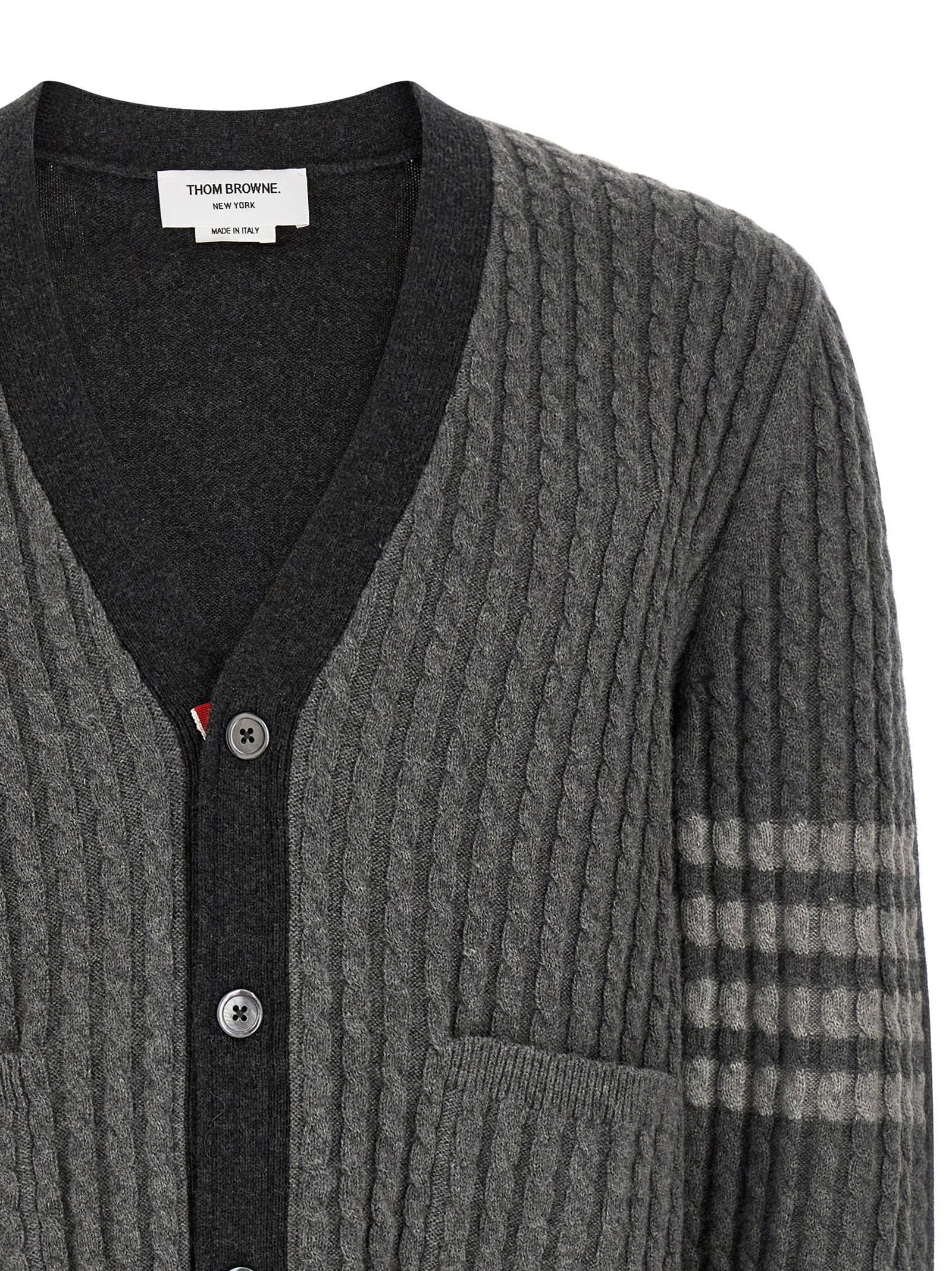 Cardigan by Thom Browne for men in virgin wool gray & signature features a dramatic silhouette, showcasing a sophisticated v-neck neckline and dramatic detail for a timeless, premium look.