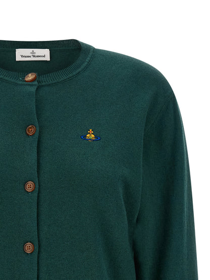 Cardigan by Vivienne Westwood for women in cotton canvas & cashmere bicolour, green & horn showcases a captivating silhouette, artfully detailed with a captivating and crew neckline for a truly sophisticated captivating look.