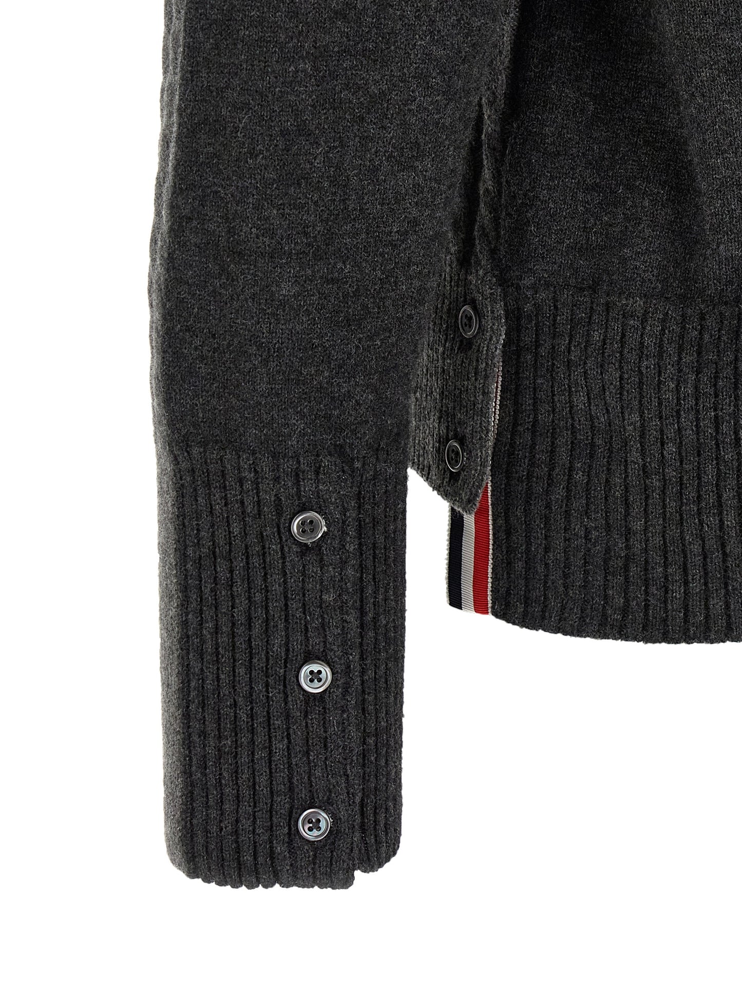 Cardigan by Thom Browne for men in virgin wool gray & signature features an crisp silhouette, showcasing a sophisticated and detail for a truly crisp finish.