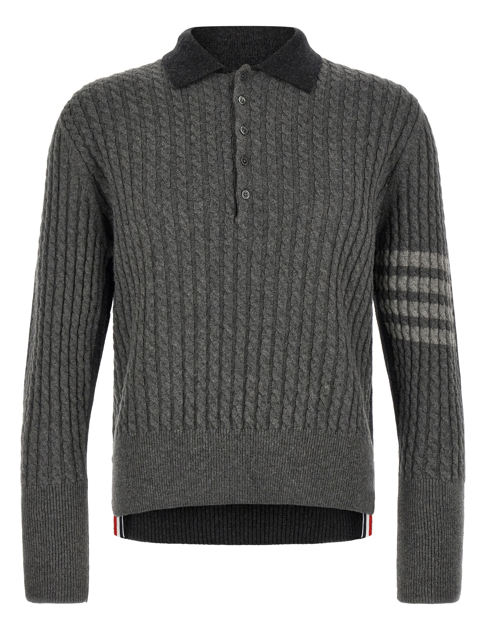 Polo Shirt by Thom Browne for men in canvas & virgin wool dark-gray, gray & patterned presents a crisp silhouette, artfully detailed with a crisp and crisp .