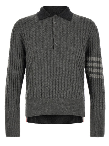 Polo Shirt by Thom Browne for men in canvas & virgin wool dark-gray, gray & patterned presents a crisp silhouette, artfully detailed with a crisp and crisp .