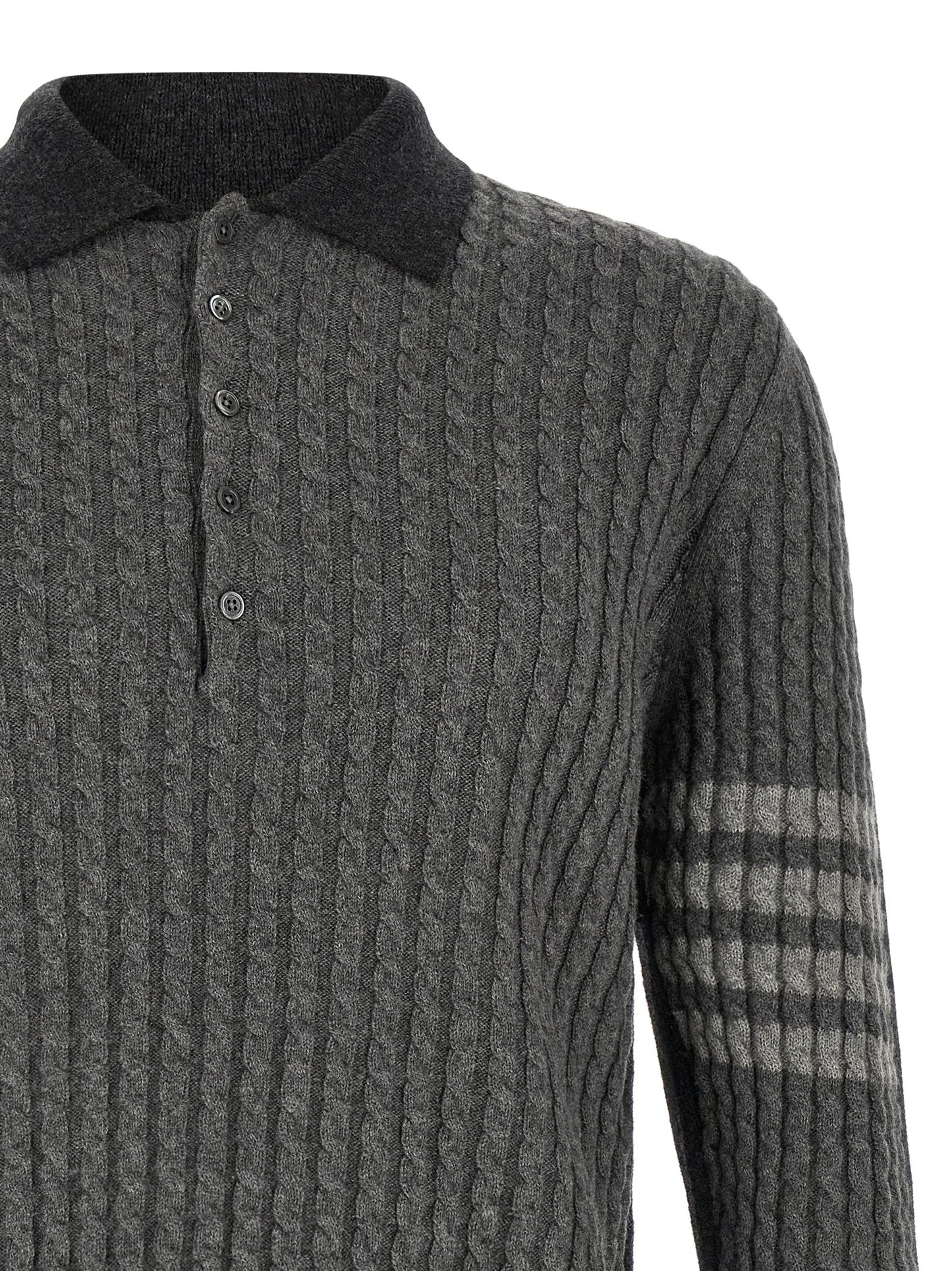 This Polo Shirt by Thom Browne for men in canvas & virgin wool dark-gray, gray & patterned presents a flawless silhouette, showcasing flawless detailing and a refined for a truly flawless aesthetic.