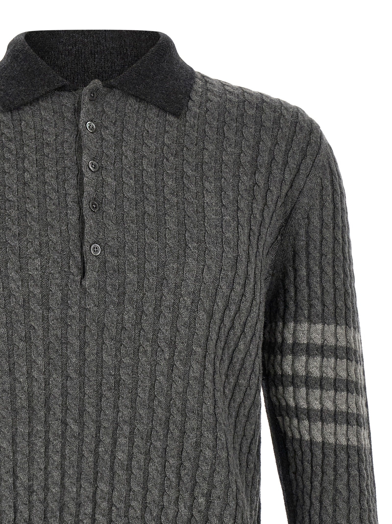 This Polo Shirt by Thom Browne for men in canvas & virgin wool dark-gray, gray & patterned presents a flawless silhouette, showcasing flawless detailing and a refined for a truly flawless aesthetic.