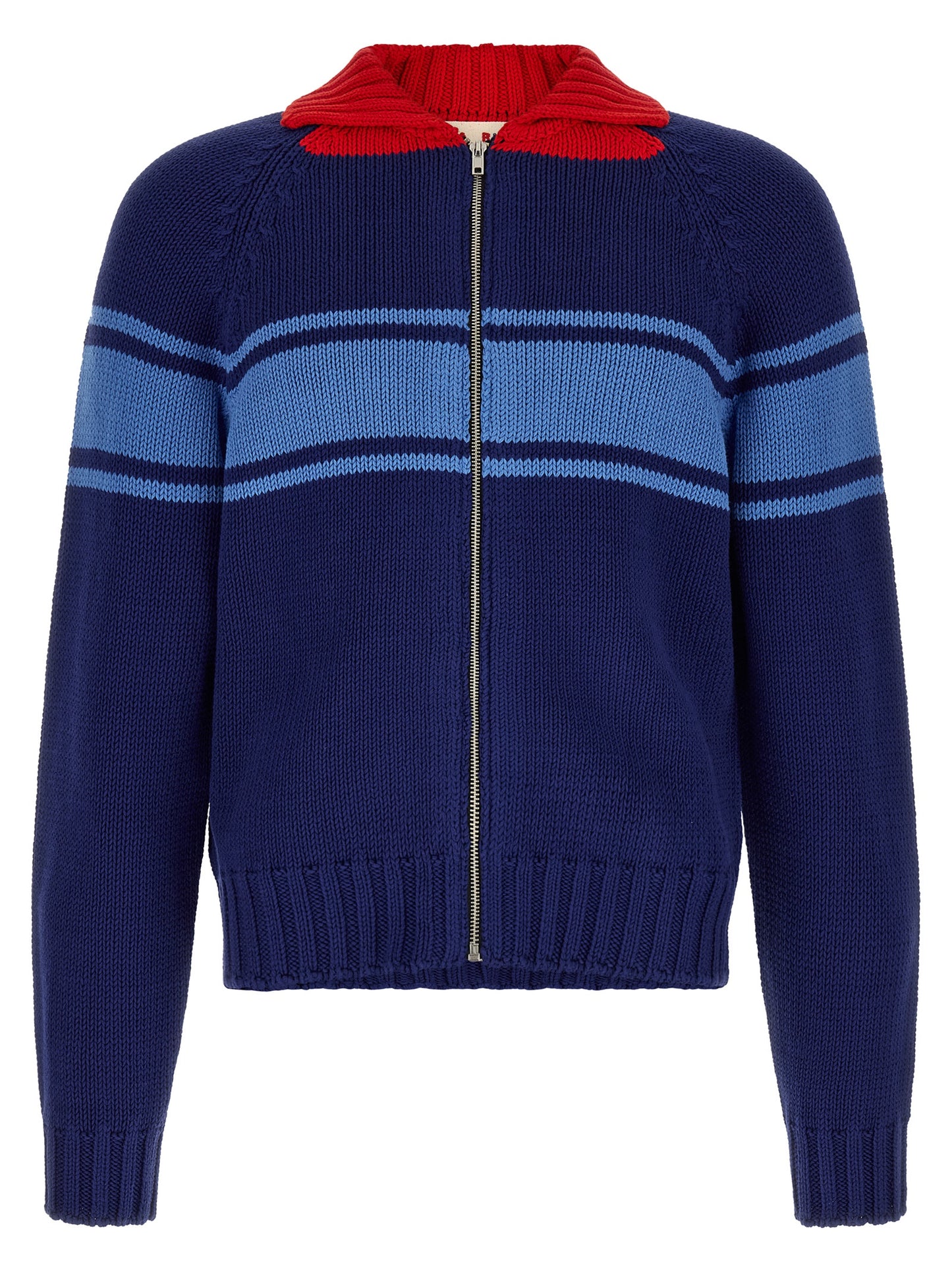 Cardigan by Marni for men in cotton blue, red & patterned showcases a luxurious silhouette, meticulously detailed with a sophisticated and for a refined finish.
