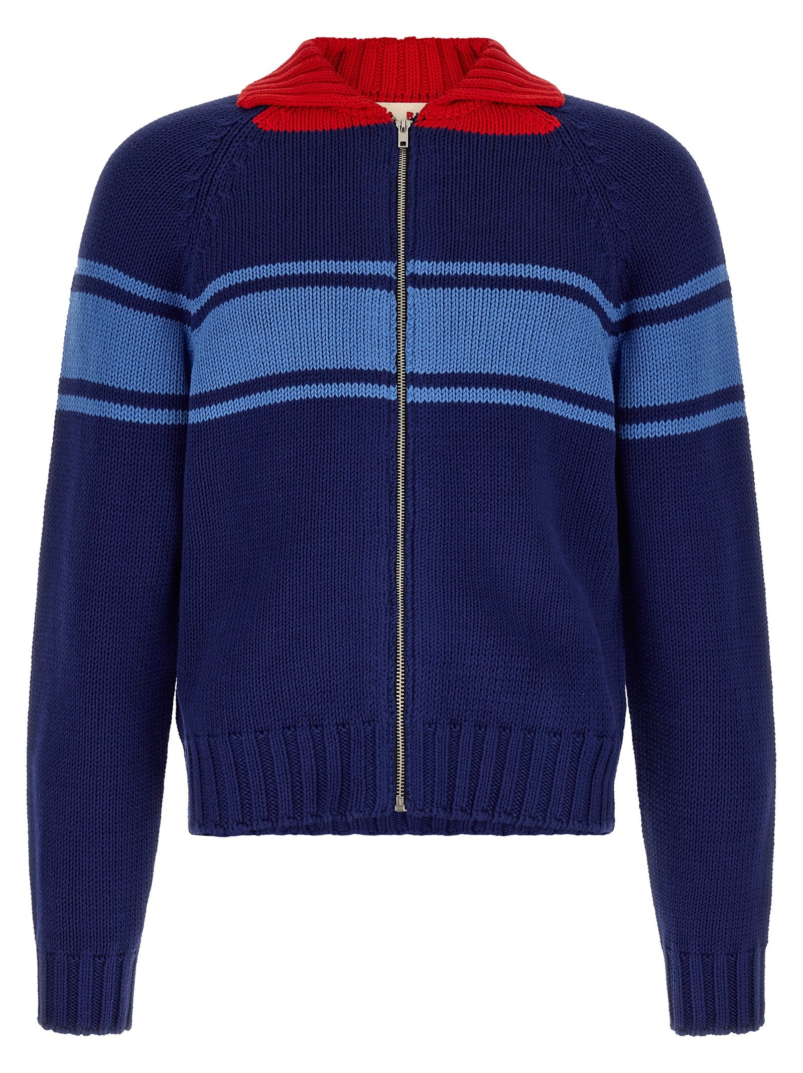 Cardigan by Marni for men in cotton blue, red & patterned showcases a luxurious silhouette, meticulously detailed with a sophisticated and for a refined finish.