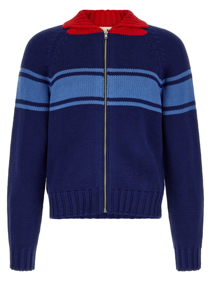 Cardigan by Marni for men in cotton blue, red & patterned showcases a luxurious silhouette, meticulously detailed with a sophisticated and for a refined finish.
