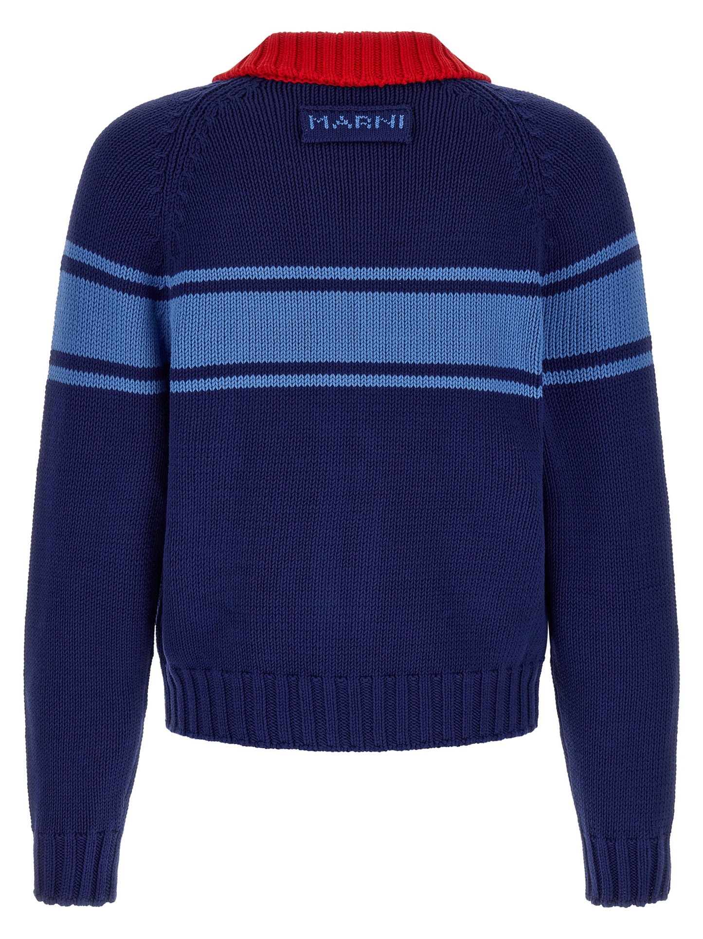 Cardigan by Marni for men in cotton blue, red & patterned features an crisp silhouette, showcasing a sophisticated and detail for a truly crisp finish.