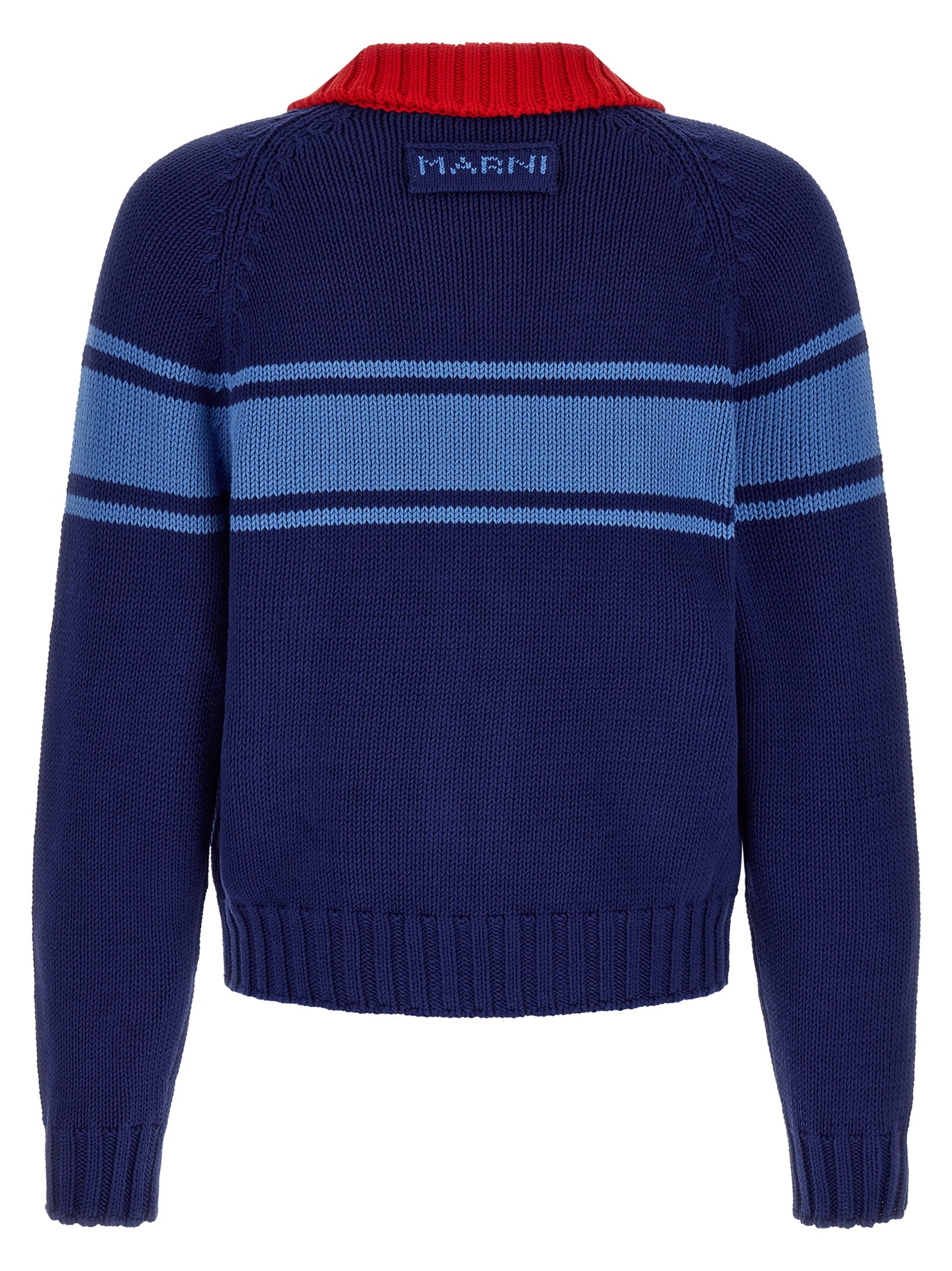Cardigan by Marni for men in cotton blue, red & patterned features an crisp silhouette, showcasing a sophisticated and detail for a truly crisp finish.