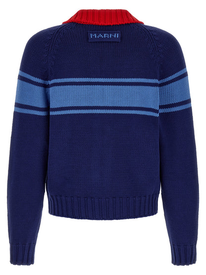 Cardigan by Marni for men in cotton blue, red & patterned features an crisp silhouette, showcasing a sophisticated and detail for a truly crisp finish.