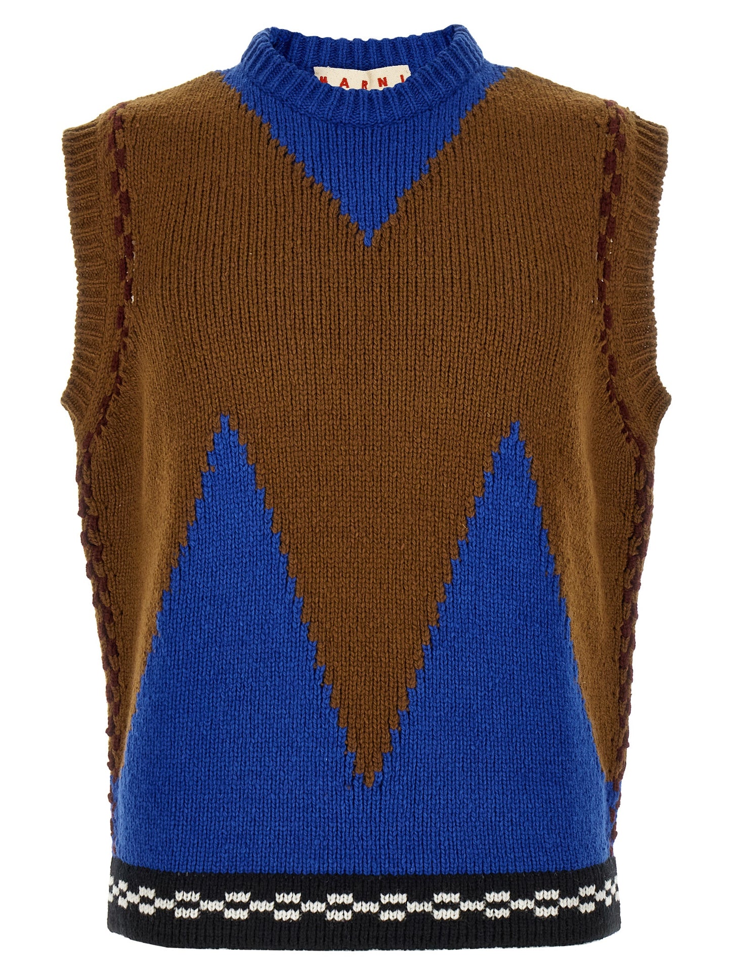 Sweater by Marni for men in wool multicolor & patterned showcases a downtown chic silhouette, artfully finished with a downtown chic round neckline and sleeveless for a sophisticated, high-end look.