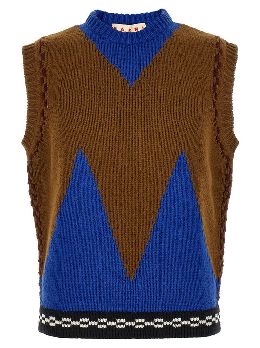 Sweater by Marni for men in wool multicolor & patterned showcases a downtown chic silhouette, artfully finished with a downtown chic round neckline and sleeveless for a sophisticated, high-end look.