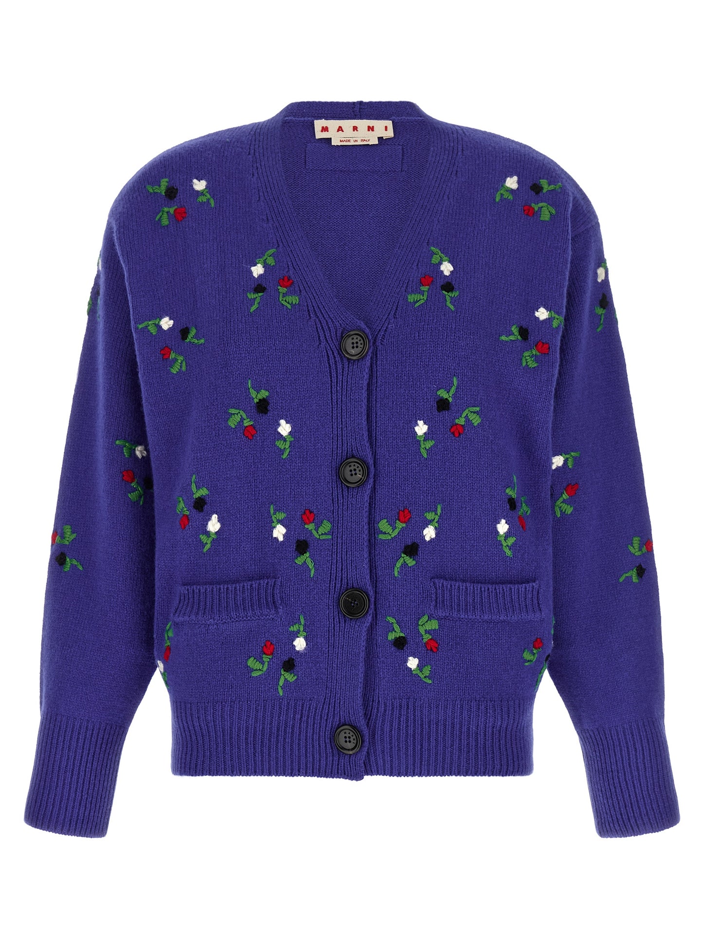 Cardigan by Marni for women in cashmere virgin wool blue & floral features a dramatic silhouette, showcasing a sophisticated v-neck neckline and dramatic detail for a timeless, premium look.