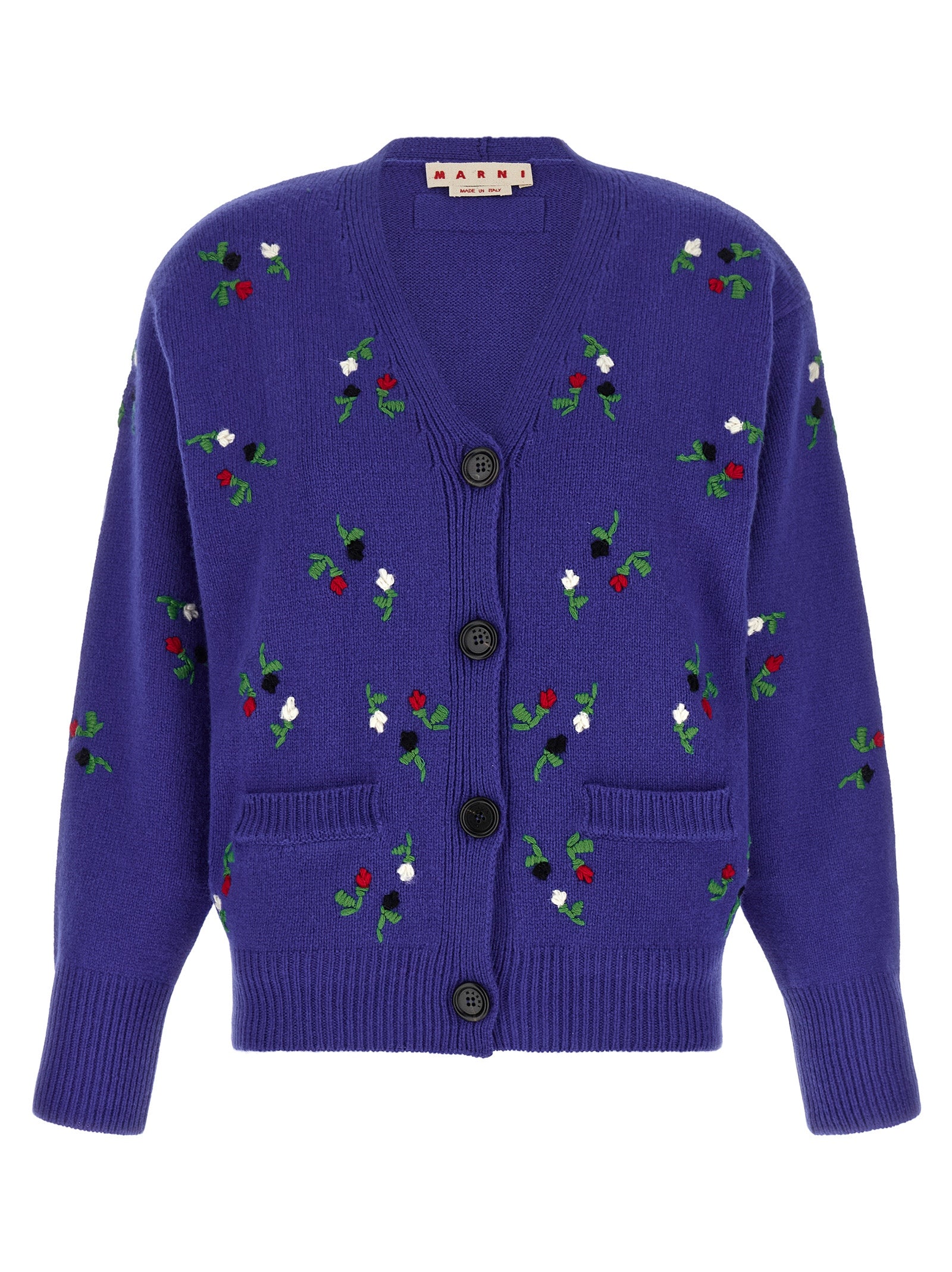 Cardigan by Marni for women in cashmere virgin wool blue & floral features a dramatic silhouette, showcasing a sophisticated v-neck neckline and dramatic detail for a timeless, premium look.