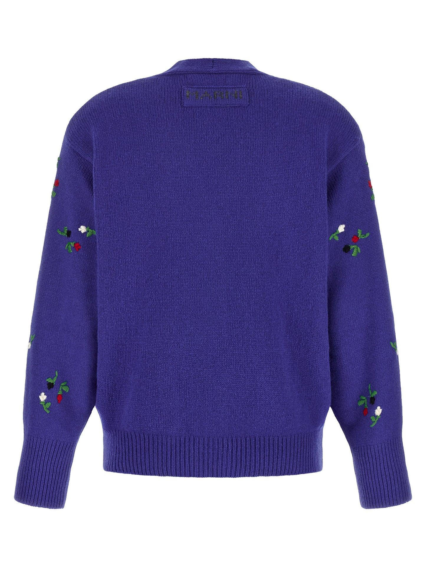Cardigan by Marni for women in cashmere virgin wool blue & floral showcases a luxurious silhouette, meticulously detailed with a sophisticated v-neck neckline and for a refined finish.