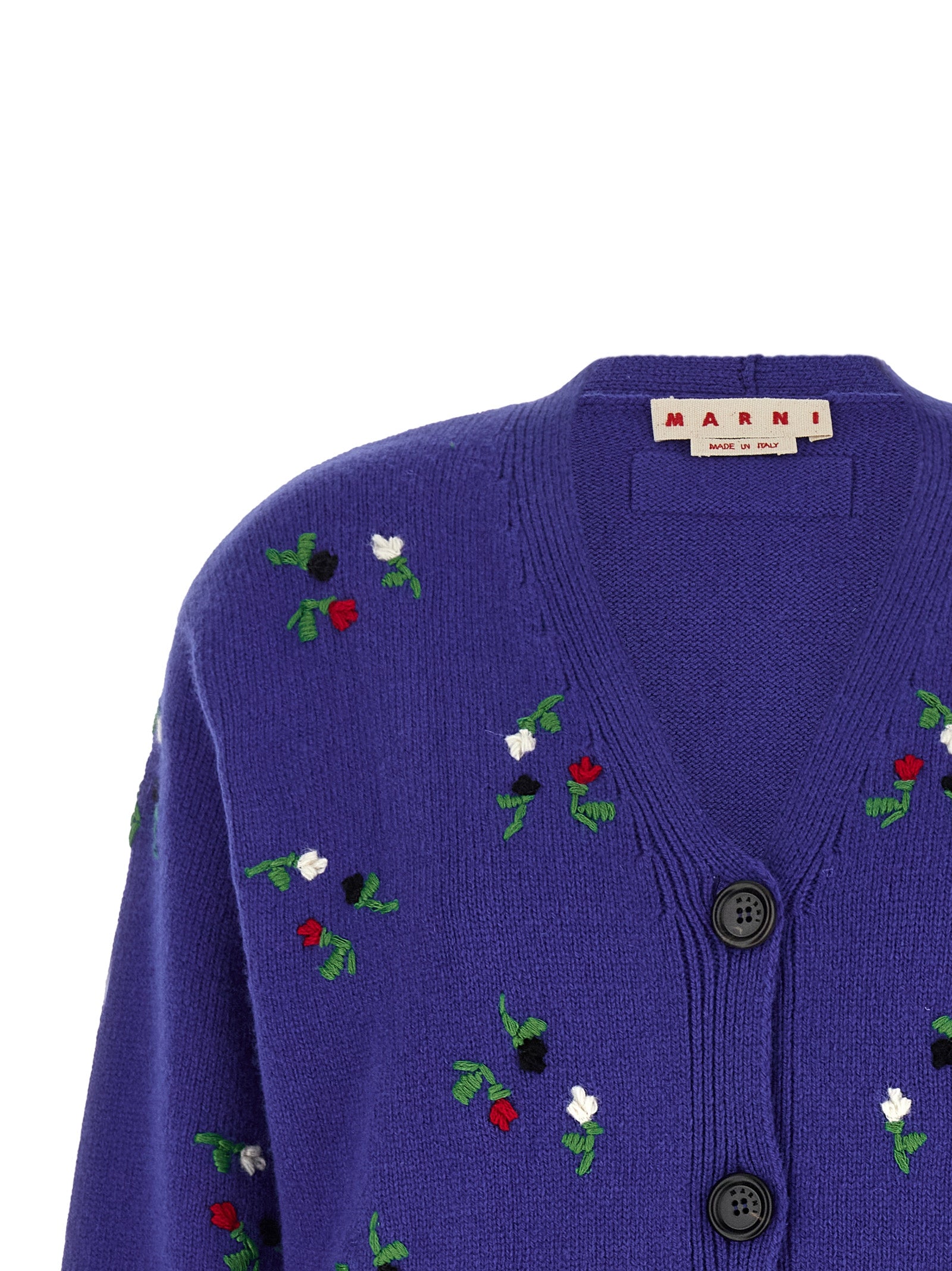 Cardigan by Marni for women in cashmere virgin wool blue & floral showcases a captivating silhouette, artfully detailed with a captivating and v-neck neckline for a truly sophisticated captivating look.