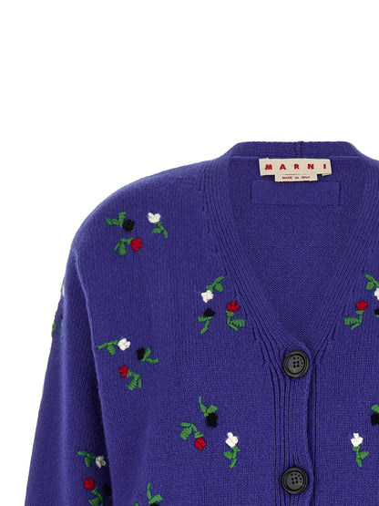 Cardigan by Marni for women in cashmere virgin wool blue & floral showcases a captivating silhouette, artfully detailed with a captivating and v-neck neckline for a truly sophisticated captivating look.