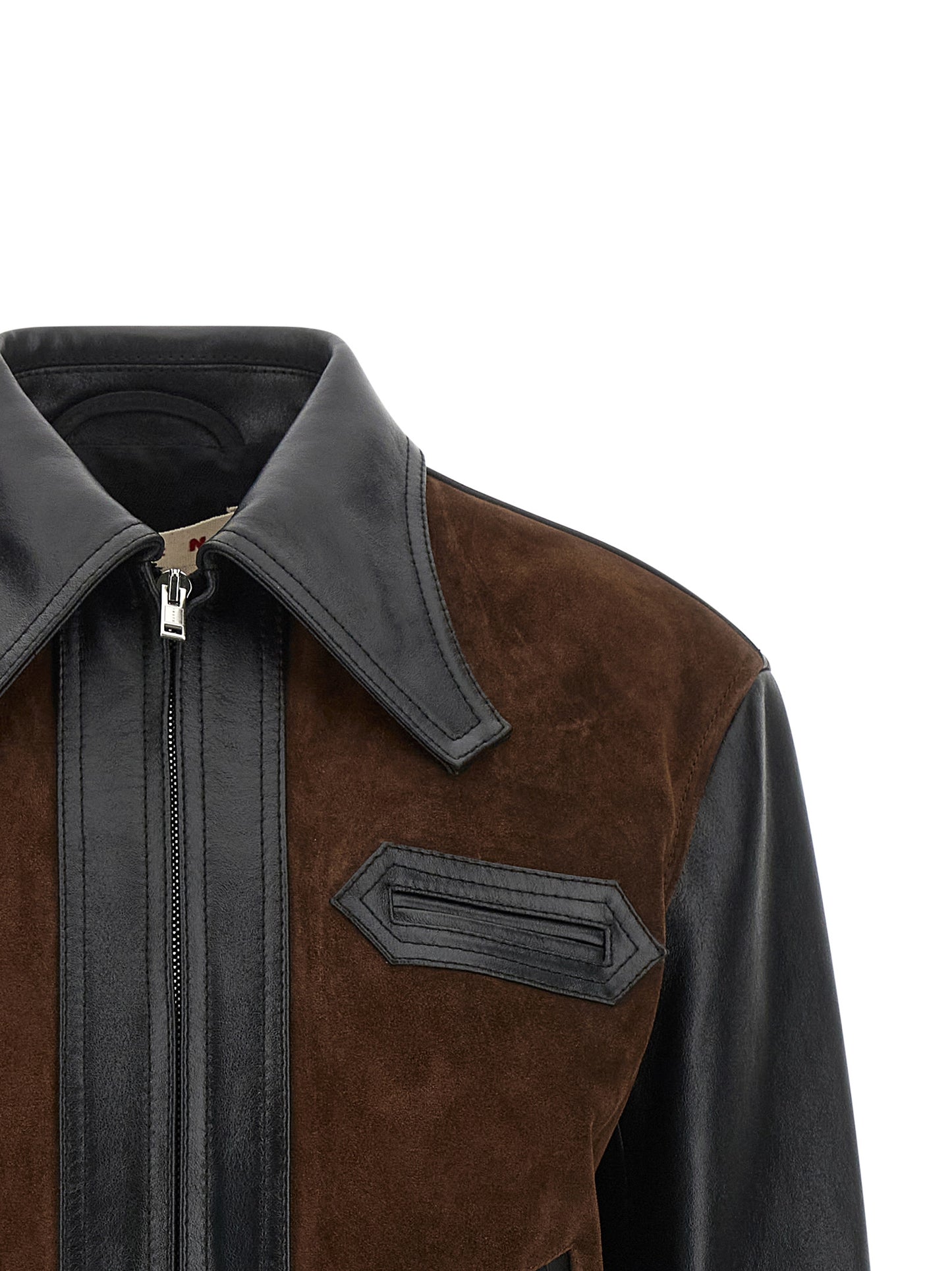 Jacket by Marni for women in calfskin suede leather black, brown & signature showcases a contemporary silhouette, detailed with a contemporary and premium pockets for a sophisticated finish.