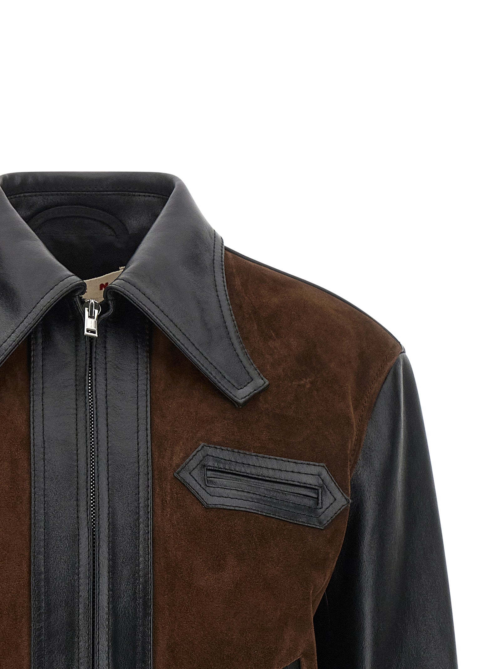 Jacket by Marni for women in calfskin suede leather black, brown & signature showcases a contemporary silhouette, detailed with a contemporary and premium pockets for a sophisticated finish.