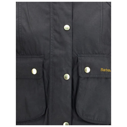 Overcoat by Barbour for women in cotton black, gold & signature features an voluminous silhouette, showcasing distinct pockets and a voluminous for a truly voluminous aesthetic.