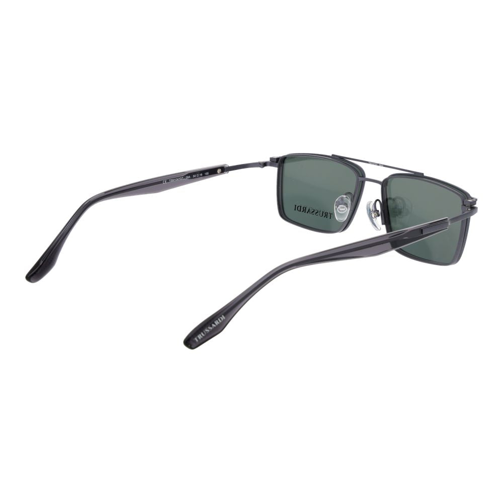 Eyeglasses Frames by Trussardi for men in gray showcases a reflective silhouette, artfully incorporating a sophisticated gunmetal coloured frame with a distinct full-frame frame design.
