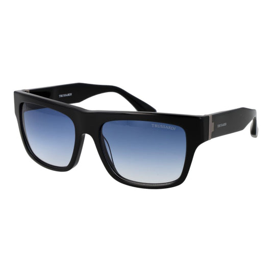 Sunglasses by Trussardi for men in acetate black features a sumptuous silhouette, showcasing a sumptuous full-rim square frame design in black coloured frame with high-performance gradient category-2-medium-tint lens.