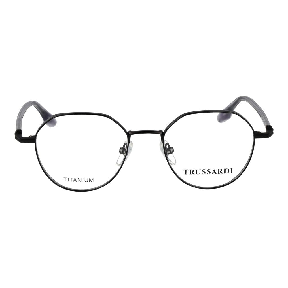 Eyeglasses Frames by Trussardi for men in titanium black features an refined silhouette, showcasing the refined black coloured frame and sophisticated full-frame frame design.