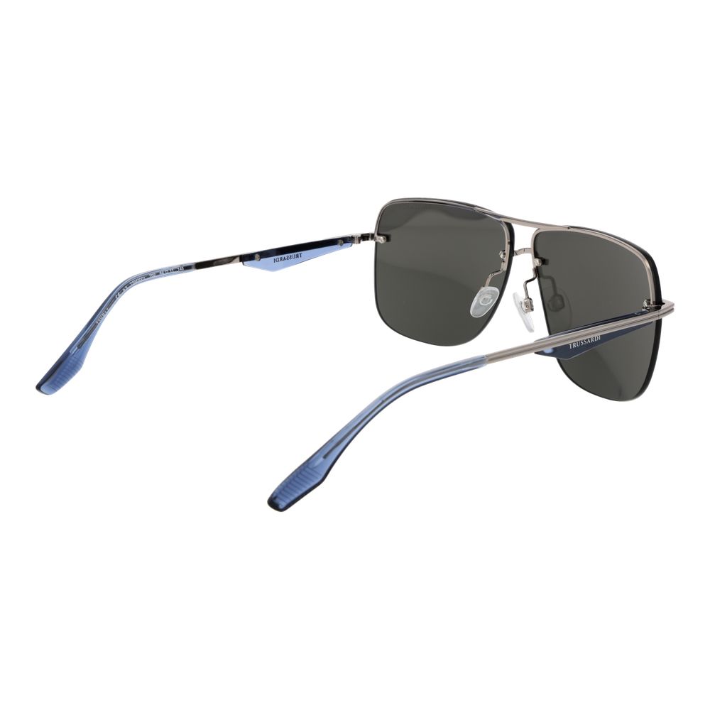 This Sunglasses by Trussardi for men in metal silver presents a sumptuous silhouette, showcasing a sumptuous rimless square frame design in silver coloured frame and high-performance non-polarized category-3-dark-tint lens.