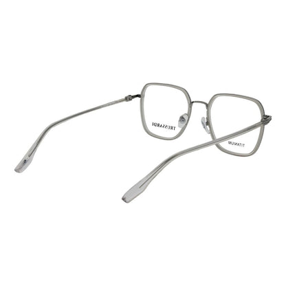 Eyeglasses Frames by Trussardi for unisex in titanium gray showcases a reflective silhouette, artfully incorporating a sophisticated gray coloured frame with a distinct full-frame frame design.