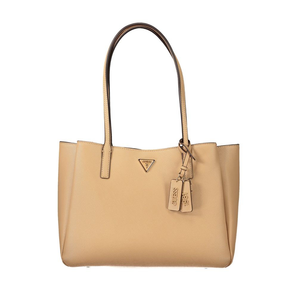 Handbag by Guess Jeans for women in polyurethane beige, signature-print & print features an refined silhouette, showcasing a secure , ample built-in-compartments, document-holder & laptop-compartment, and versatile handle for a sophisticated refined aesthetic.