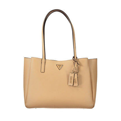 Handbag by Guess Jeans for women in polyurethane beige, signature-print & print features an refined silhouette, showcasing a secure , ample built-in-compartments, document-holder & laptop-compartment, and versatile handle for a sophisticated refined aesthetic.