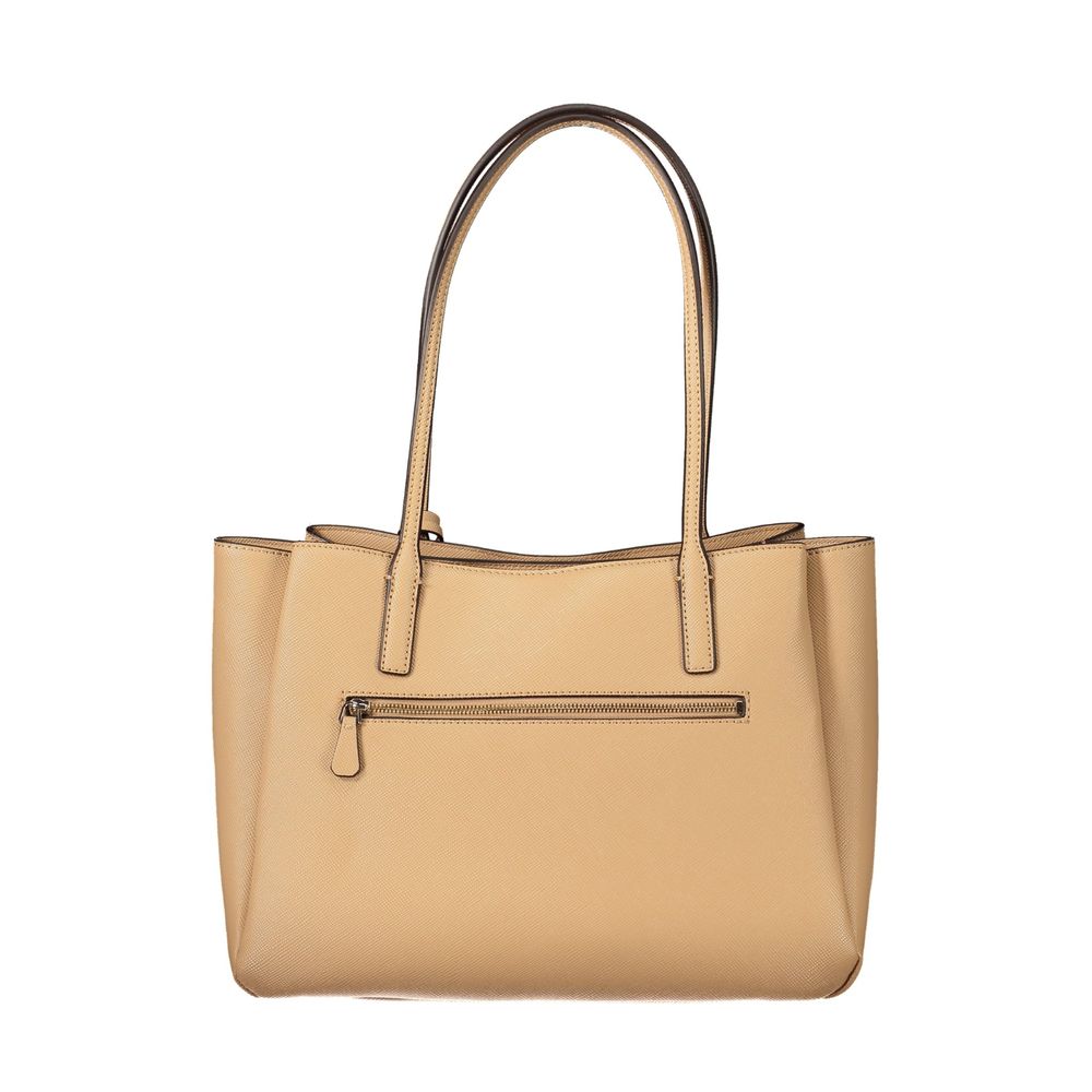 Handbag by Guess Jeans for women in polyurethane beige, signature-print & print features a refined silhouette, showcasing a secure , organized built-in-compartments, document-holder & laptop-compartment, and versatile handle for a refined finish.