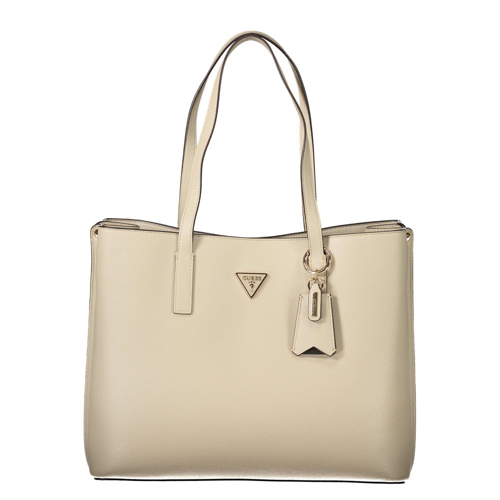 Handbag by Guess Jeans for women in polyurethane beige features a signature silhouette, showcasing a secure snap & zipper and signature built-in-compartments & internal-pockets with versatile handle for a sophisticated look.