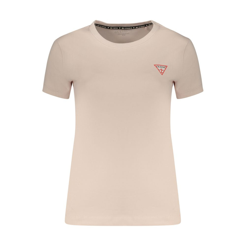 T-Shirt by Guess Jeans for women in stretch organic cotton pink features a plush silhouette, showcasing a sophisticated wide-neck neckline and for a truly plush finish.