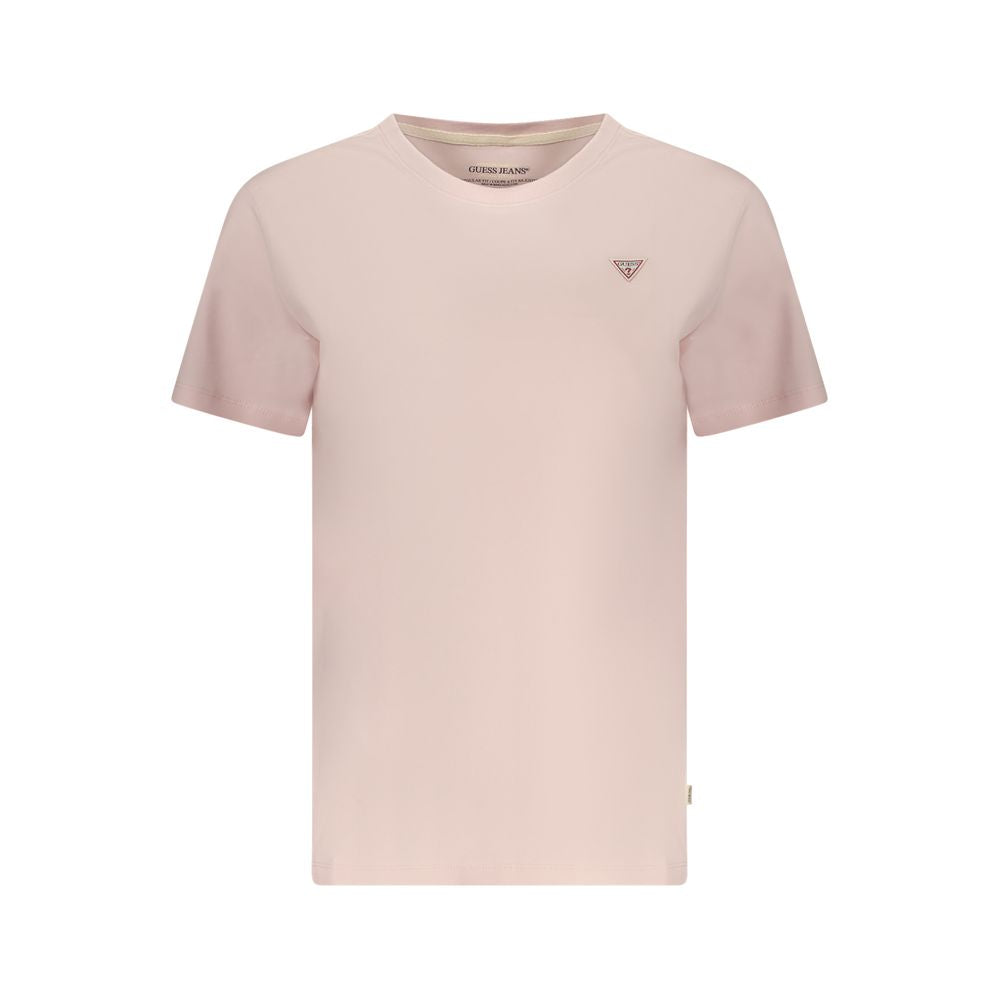 T-Shirt by Guess Jeans for women in stretch organic cotton pink & signature features an edgy silhouette, meticulously detailed with a sophisticated short-sleeve and crew neckline for a truly edgy finish.