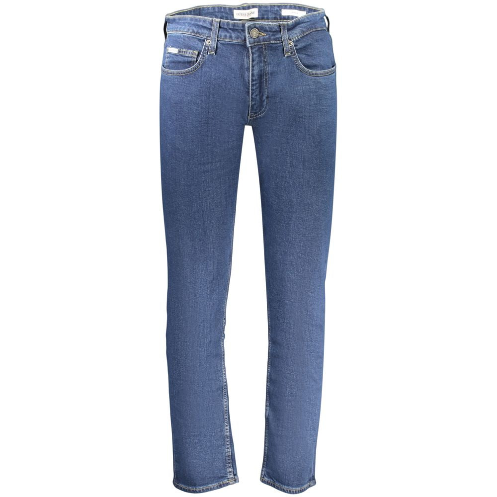 Jeans by Guess Jeans for men in stretch denim cotton blue & signature features a polished silhouette with a polished slim, reaching a polished long and finished with a polished .
