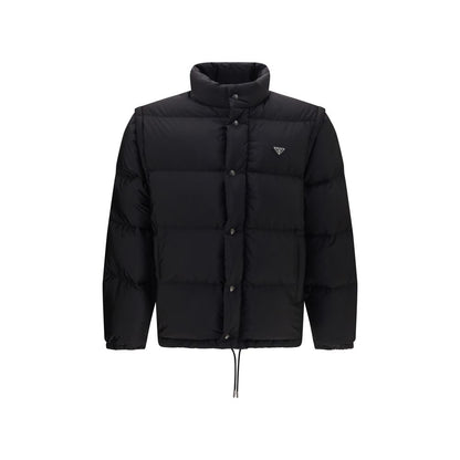 Puffer Jacket by Prada for men in nylon & goose down black features a dramatic silhouette, showcasing a sophisticated high-neck neckline and distinctive pockets & insulated for a dramatic aesthetic.