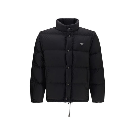 Puffer Jacket by Prada for men in nylon & goose down black features a dramatic silhouette, showcasing a sophisticated high-neck neckline and distinctive pockets & insulated for a dramatic aesthetic.